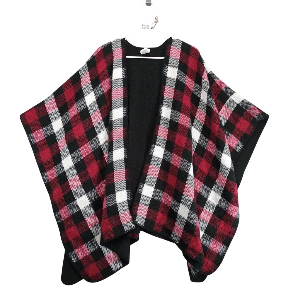 Woolrich‎ Reversible Poncho Womens One Size Red Plaid Black Open Front Soft Cozy
